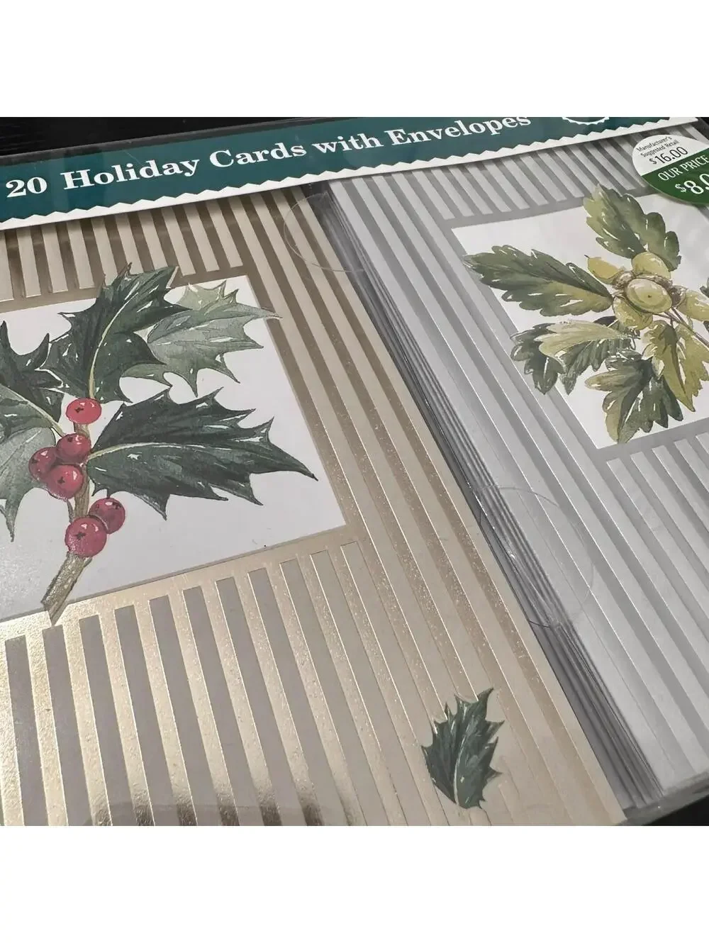 Vintage Holly & Oak Leaf Holiday Cards Assorted 4 Designs 20 Ct Sealed